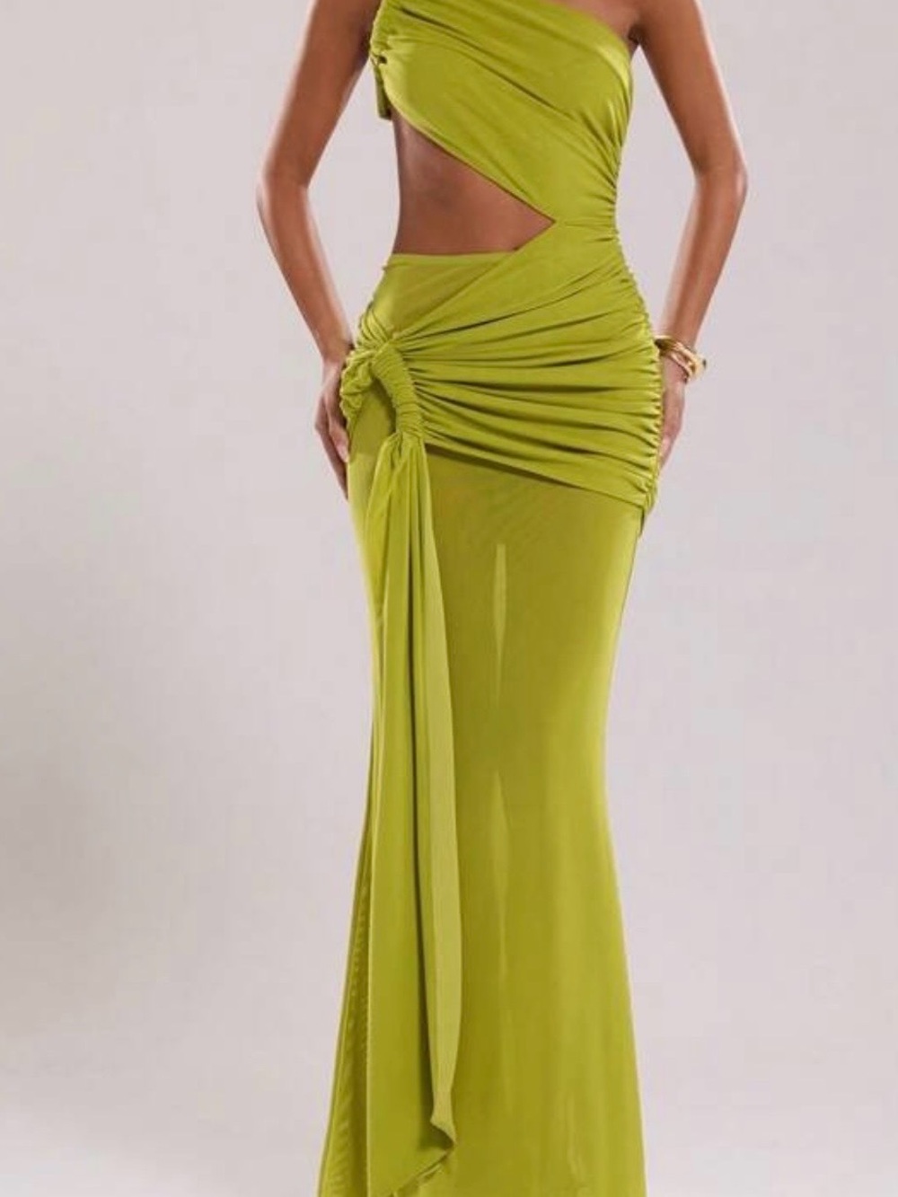 SHEIN Lime One-Shoulder Cutout Ruched Evening Gown
